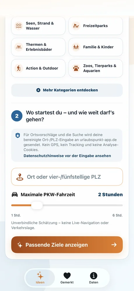 Kategorien, Ortseingabe und Fahrzeit in der Urlaubspunkt-App