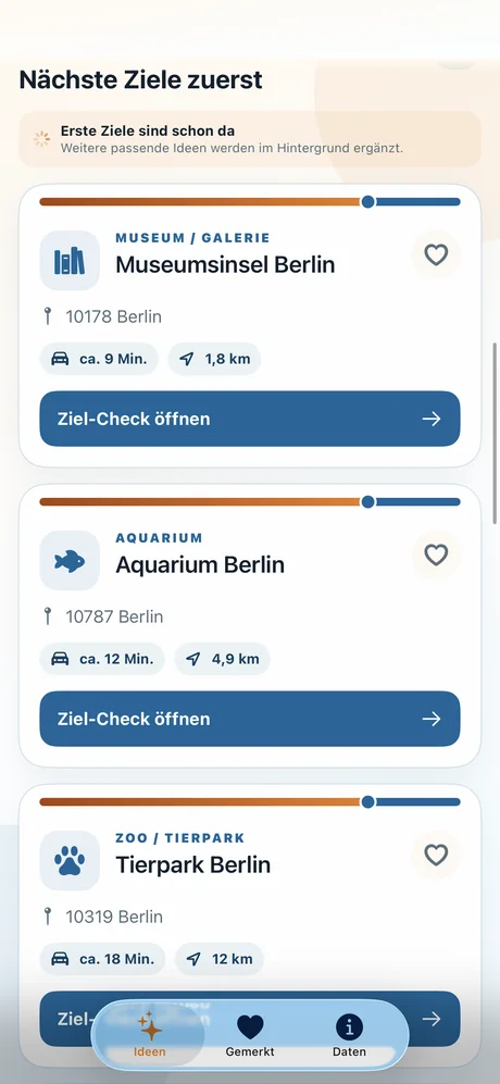 Nach Nähe sortierte Ergebnisliste mit Ausflugszielen in Berlin