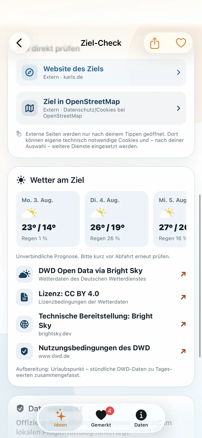 Wetter am Ziel sowie sichtbare Datenquellen und externe Links in der Urlaubspunkt-App